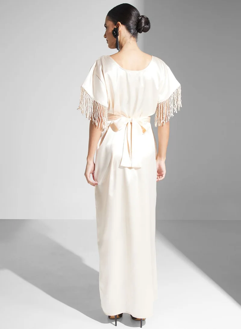 hayas closet Fringed Sleeve Maxi Dress