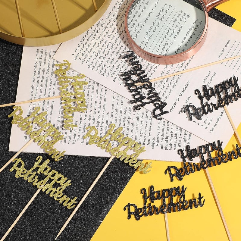 كلاراكو 36 قطعة من زينة الكب كيك بمناسبة التقاعد، عصي طعام للتقاعد، عصي كب كيك لامعة، زينة كعك لحفلات التقاعد، لوازم حفلات التقاعد (أسود، ذهبي) - Image 3
