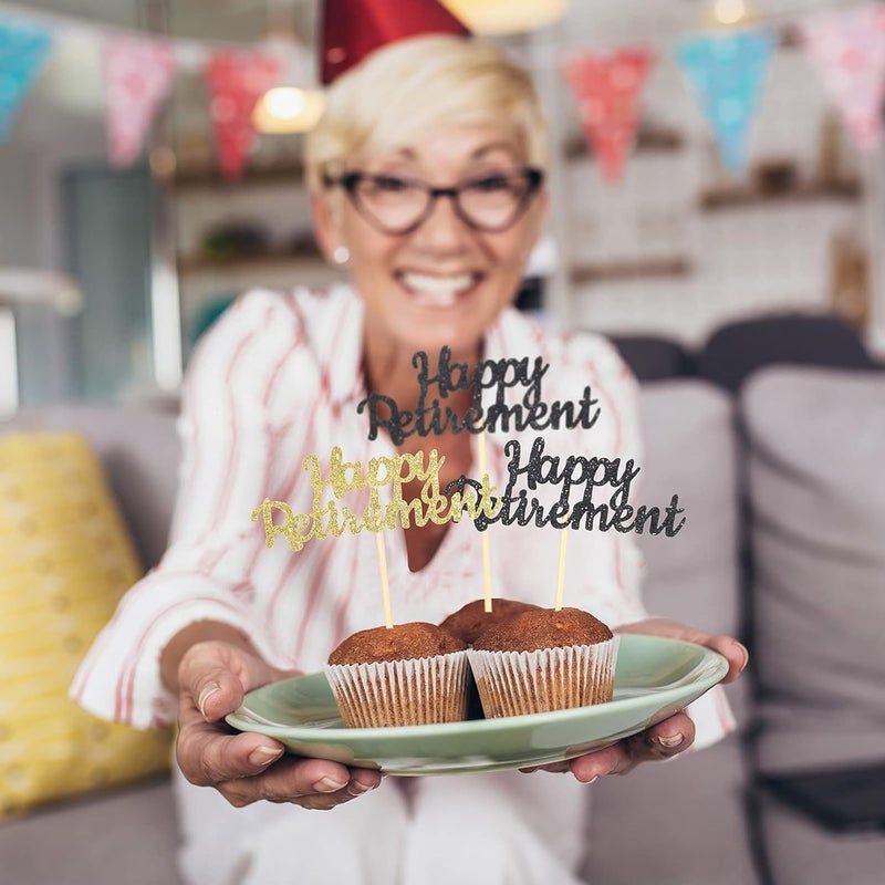 كلاراكو 36 قطعة من زينة الكب كيك بمناسبة التقاعد، عصي طعام للتقاعد، عصي كب كيك لامعة، زينة كعك لحفلات التقاعد، لوازم حفلات التقاعد (أسود، ذهبي) - Image 5