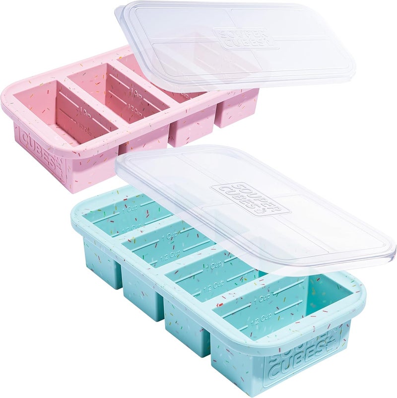 Souper Cubes مكعبات سوبر 1 كوب صينية سيلي��ون للتجميد بغطاء - حاوية تحضير الوجبات السهلة وحل تخزين المطبخ - قوالب سيليكون لتخزين الحساء والطعام - سبرينكلز - عبوة 2 - Image 1