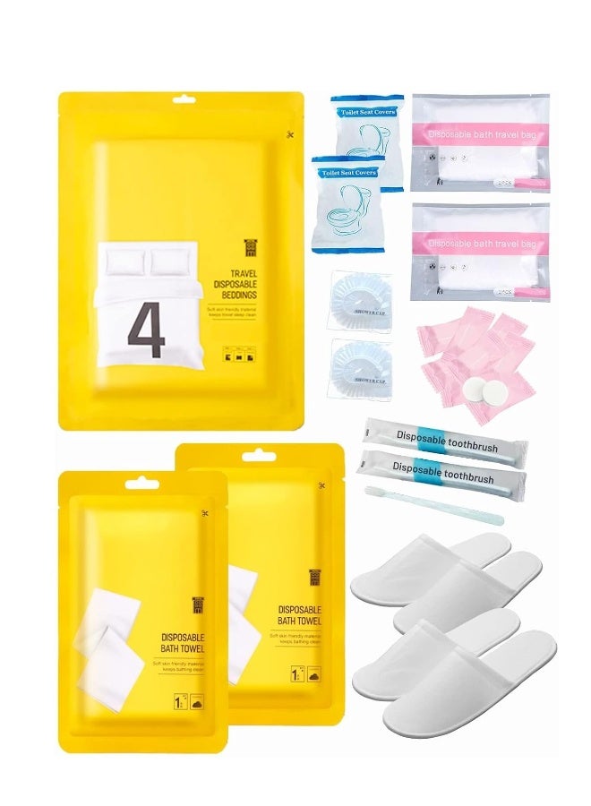 Disposable Travel Set: Bed Sheet×1+Duvet Cover×1+Pillow case×2+Bath Towels×2+Shower Caps×10+Plastic Bathtub Bag×2+Toilet Seat Covers×2+Compression face Towel×8+Toothbrushes×2+Slippers×2  - Image 1