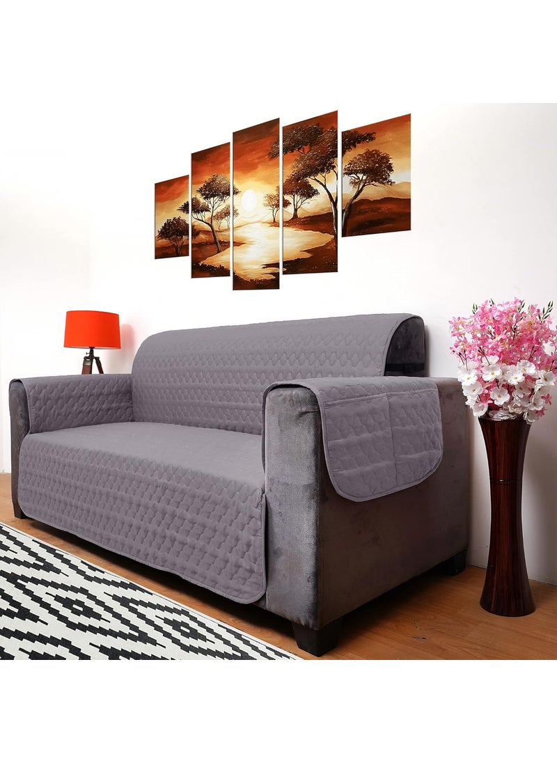Lithara Lithara 3 Layers Soft Quilted Reversible Sofa Cover 3 Seater with Pockets Dust Protective Quilted Fabric Sofa Seat Cover Grey Navy Blue  - Image 4
