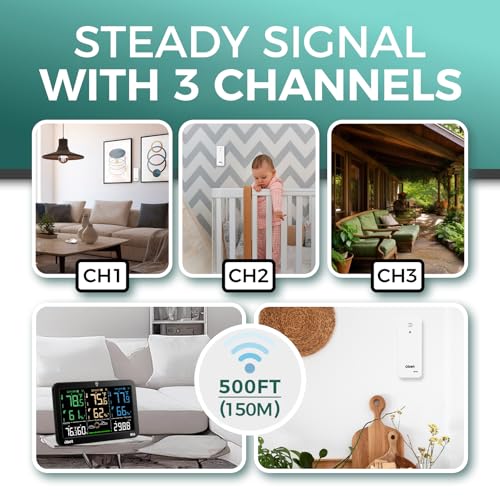 OBET Weather Station Wireless Indoor Outdoor Thermometer Wireless Color Display Digital Temperature and Humidity Monitor with 3 Sensors Alerts Adjustable Backlight USB Port 500 Feet - Image 3