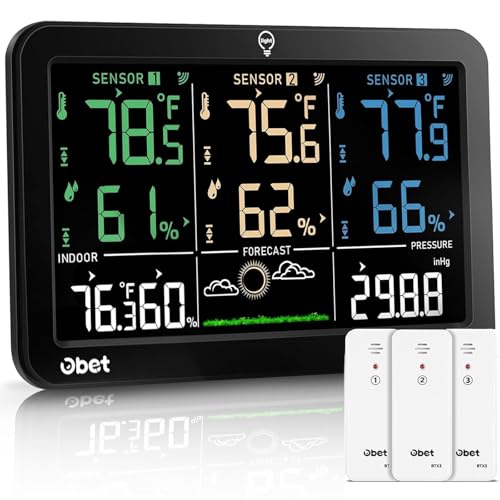 OBET Weather Station Wireless Indoor Outdoor Thermometer Wireless Color Display Digital Temperature and Humidity Monitor with 3 Sensors Alerts Adjustable Backlight USB Port 500 Feet - Image 1