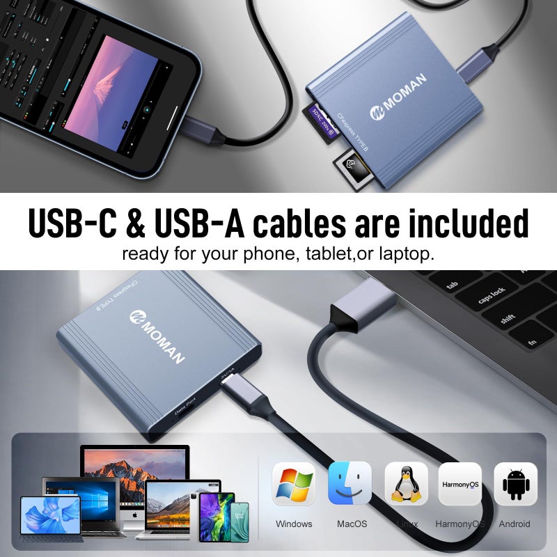 MOMAN CFexpress Card Reader, 10Gbps USB 3.1 Gen 2 High Speed CFexpress Type A, Type B, SD Card 3 in 1 Card Readers, Camera Memory Card Reader Connectors for Phones, Tablets, Laptops - Image 4