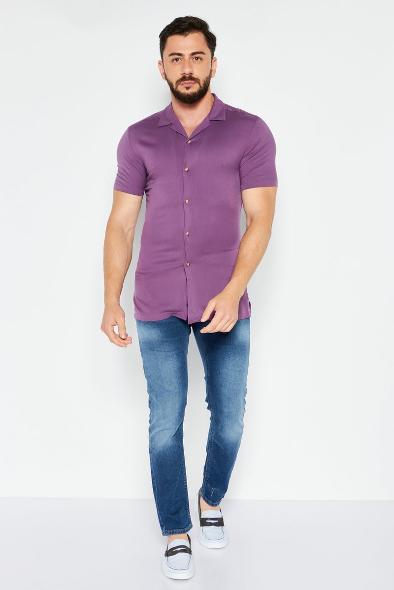 Men Regular Fit Short Sleeves Plain Casual Shirt, Purple
