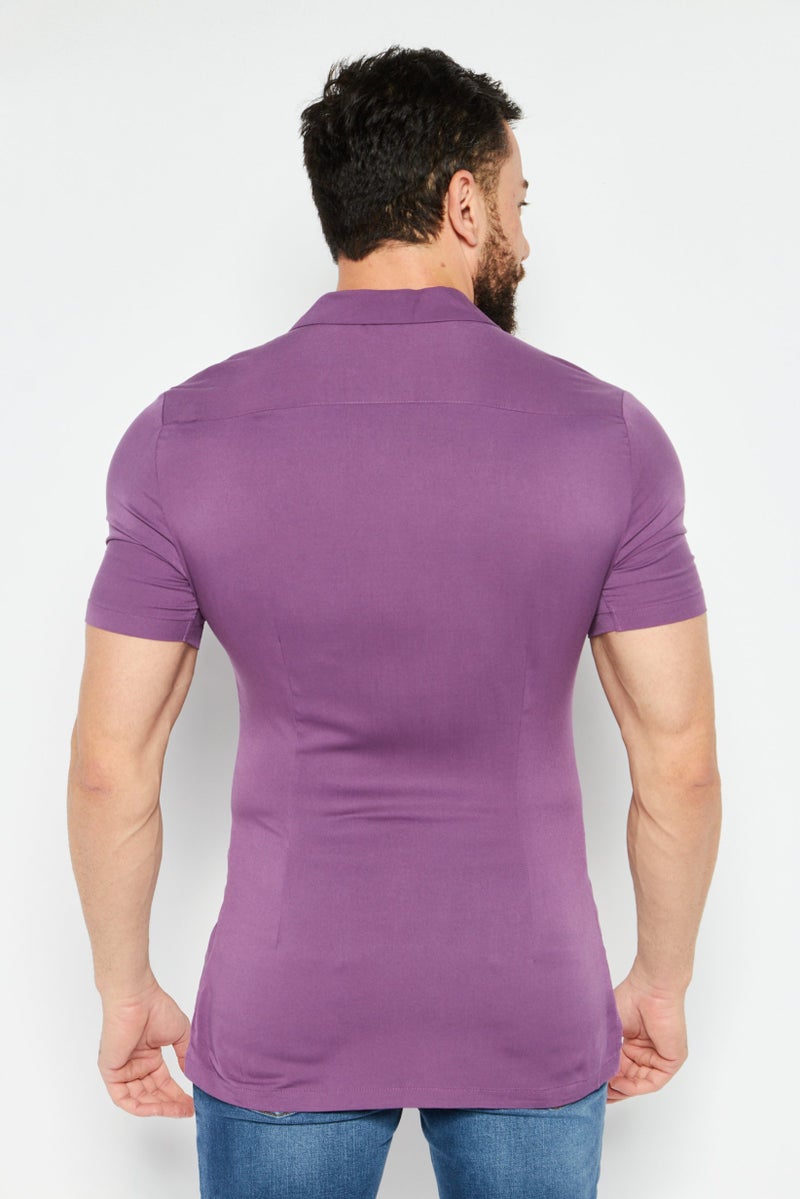 Men Regular Fit Short Sleeves Plain Casual Shirt, Purple