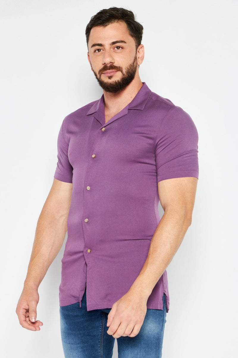 Men Regular Fit Short Sleeves Plain Casual Shirt, Purple