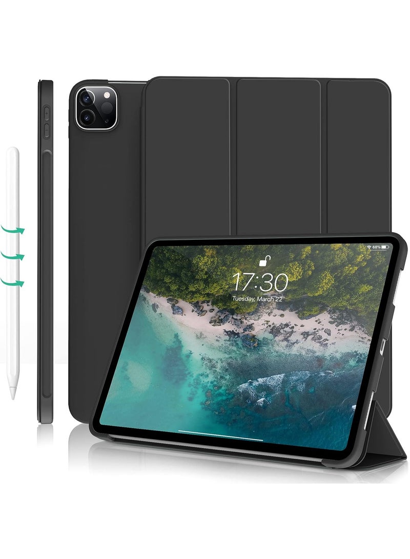 غطاء حماية ذكي من الجلد مصمم بحامل قابل للطي لجهاز آي باد برو مقاس 11 بوصة أسود , غطاء حماية واقٍ لجهاز أبل آي باد برو مقاس 11 بوصة (2020) أسود غامق - Image 1