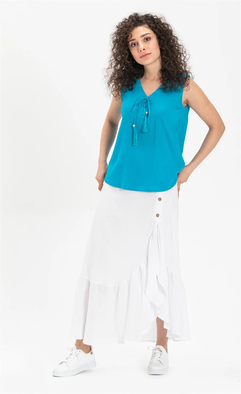 اليش شيل بيزي Sleeveless Sile Cloth Tern Blouse Turquoise Trkz