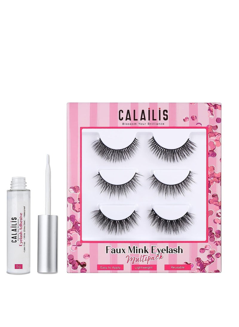 Calailis False Eyelash, Eye Makeup Lash 3D Faux Mink Fake Eyelash Long Natural Eyelashes 3 Pairs with 5g False Eyelash Glue - Image 1