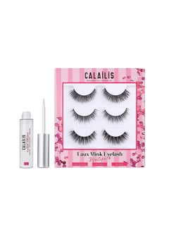Calailis False Eyelash, Eye Makeup Lash 3D Faux Mink Fake Eyelash Long Natural Eyelashes 3 Pairs with 5g False Eyelash Glue  - Image 1