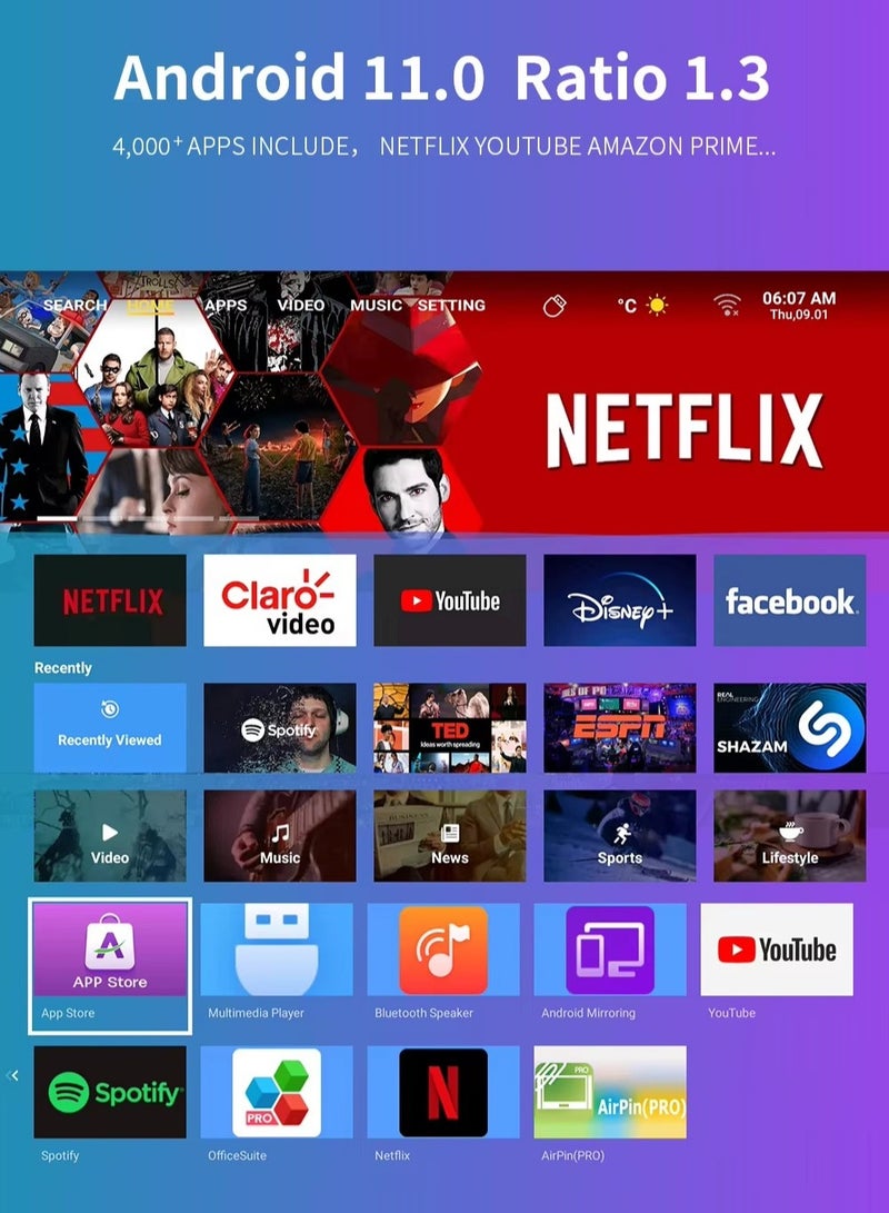 K1 Rechargeable 5000 Lumens HD Smart Mini Projector with 150-Inch Display, Theater, 230° Rotating Stand Portable Projector with Built-InBattery 5200mAh- Speaker: 5W - Projection Size: 30-150 inches - Resolution: Full HD 1080P - Image 4