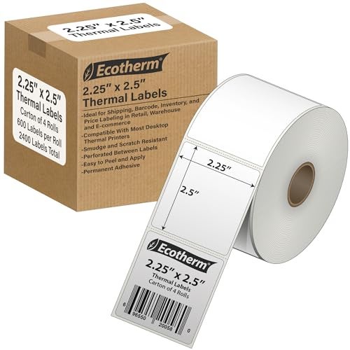 Ecotherm 2.25" x 2.5" Thermal Labels | 4 Rolls | 2400 Labels | fits Zebra, Munbyn, Rollo, Godex, Arkscan, iDPRT, Offnova Thermal Label Printers and More | Blank White Adhesive Stickers by Ecotherm - Image 1