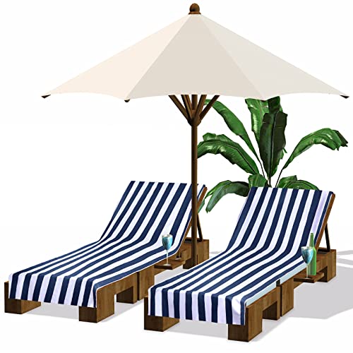 Fumete 2 Pack Summer Lounge Chair Cover 30 x 85 Inch Pool Chaise Lounge Towel Microfiber Spa Beach Chair Towel Portable Striped Outdoor Patio Furniture Cover for Sunbathing Picnic(Navy Blue) - Image 1