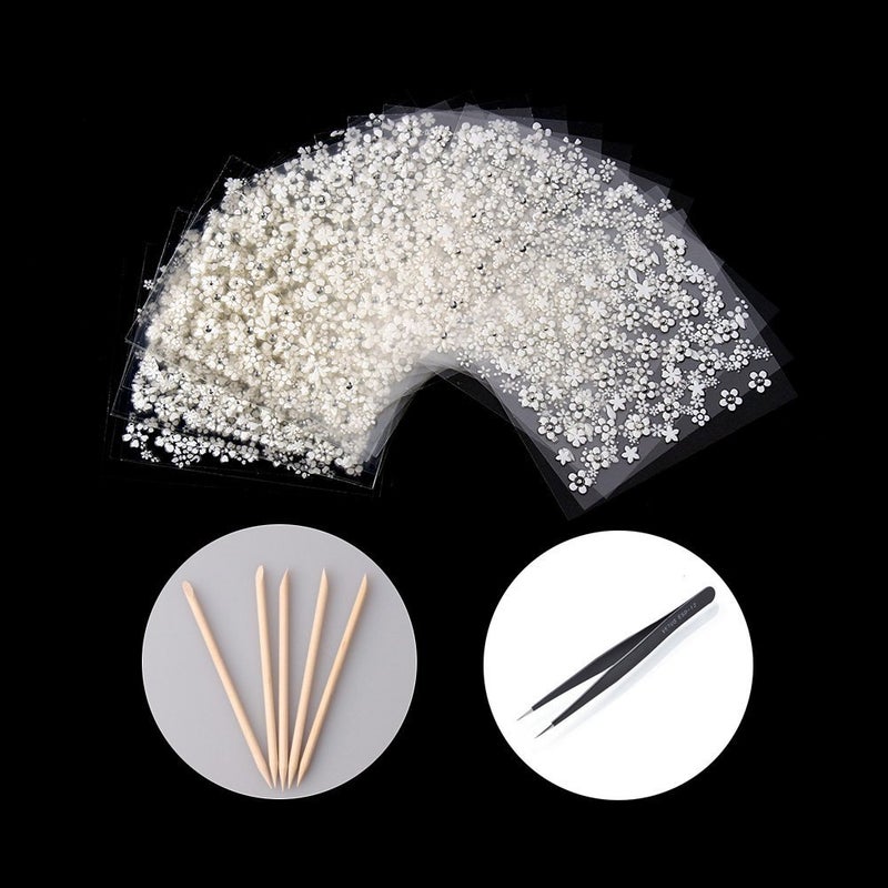 WOKOTO 30pcs White Adhesive 3d Nail Stickers Flower Nail Art Decoration Accessory With 1 Pcs AntiStatic Tweezers And 5 Pcs Wood Nail Art Stick Cuticle Pusher