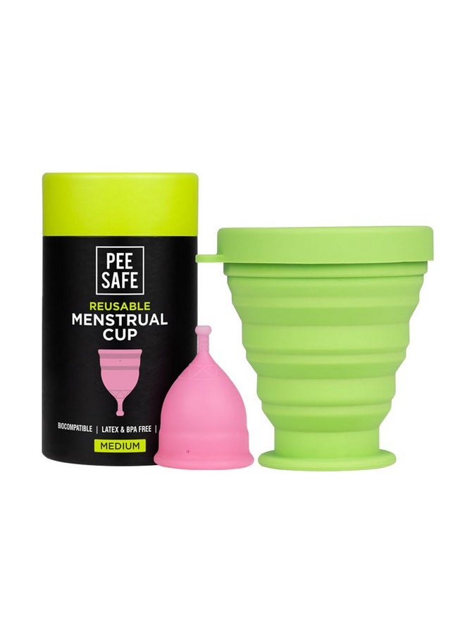 PEESAFE PEESAFE Menstrual Cup For Women Medium Size With Pouch And Menstrual Cup Sterilizing Container Combo Medical Grade Silicone Microwaveable, Travel Friendly Sterilizer Container, Pink, Count 2  - Image 1