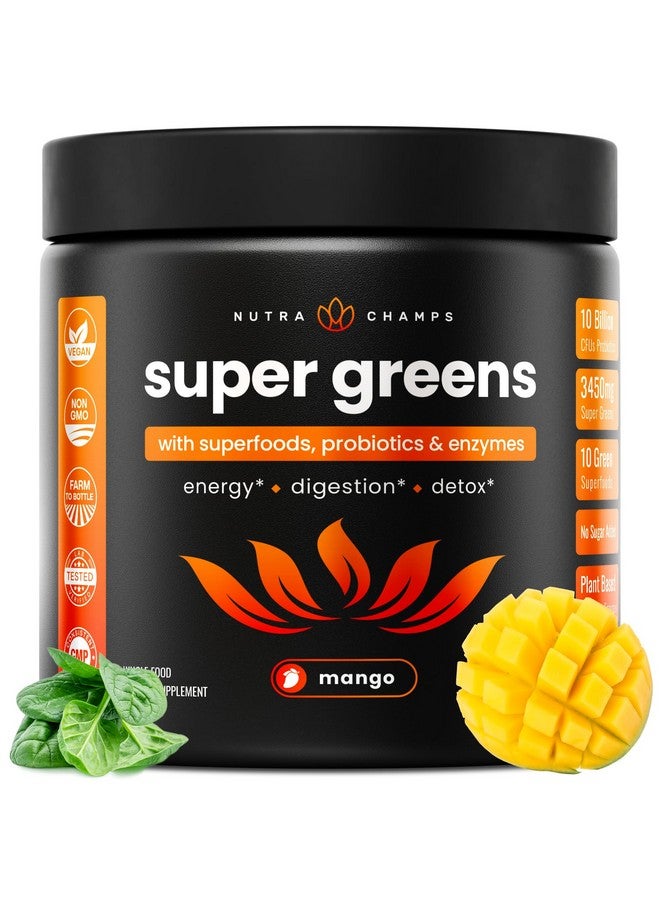 NutraChamps NutraChamps Super Greens Powder Premium Superfood | 20+ Organic Green Veggie Whole Foods | Wheat Grass, Spirulina, Chlorella | Antioxidant, Digestive Enzyme & Probiotic Blends (9.0 OZ, Mango) - Image 1