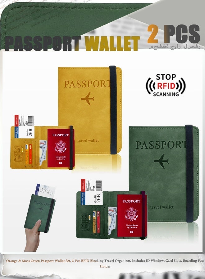 Orange & Moss Green Passport Wallet Set, 2-Pcs RFID Blocking Travel Organizer, Includes ID Window, Card Slots, Boarding Pass Holder - Image 1