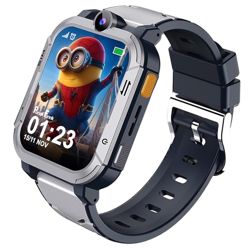PunnkFunnk Musk Safeguard 5G/4G Kids Smart Watch with SIM Calling, GPS Tracker, Video Call, SOS Alerts, Face Unlock, Games, IP67, 800mAh Battery, Voice Chat(Grey) - Image 1