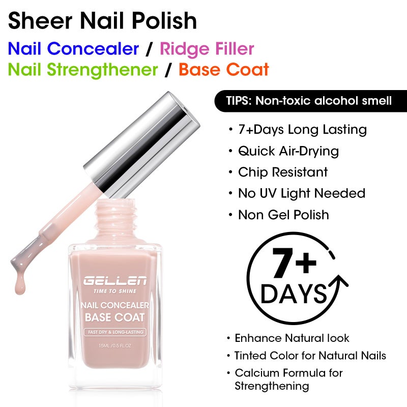 GELLEN 4-In-1 Illuminating Nail Concealer Base Coat Nail Polish Sheer Nude Neutral Earth Tones, Quick Dry Ridge Filler Strengthener | Smooth Strengthen Yellow Discolored Nails | Toxin TPO HEMA Free - Image 2