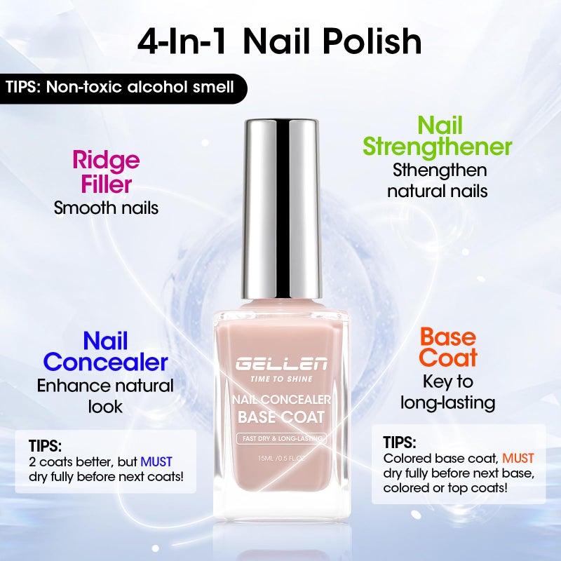 GELLEN 4-In-1 Illuminating Nail Concealer Base Coat Nail Polish Sheer Nude Neutral Earth Tones, Quick Dry Ridge Filler Strengthener | Smooth Strengthen Yellow Discolored Nails | Toxin TPO HEMA Free - Image 3