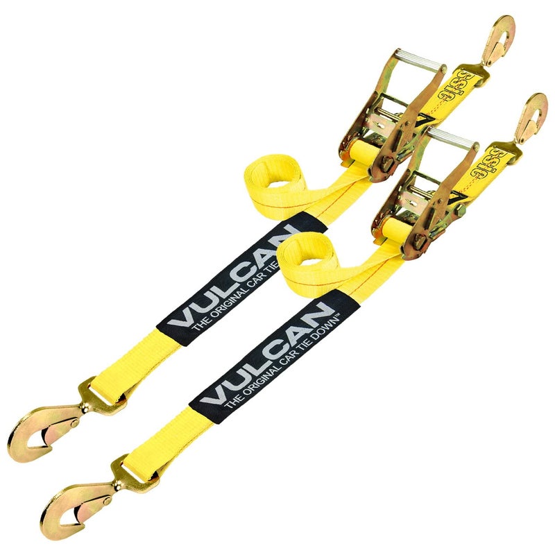 VULCAN Car Tie Down with Twisted Snap Hooks  2 Inch x 96 Inch  2 Pack  Classic Yellow  3300 Pound Safe Working Load