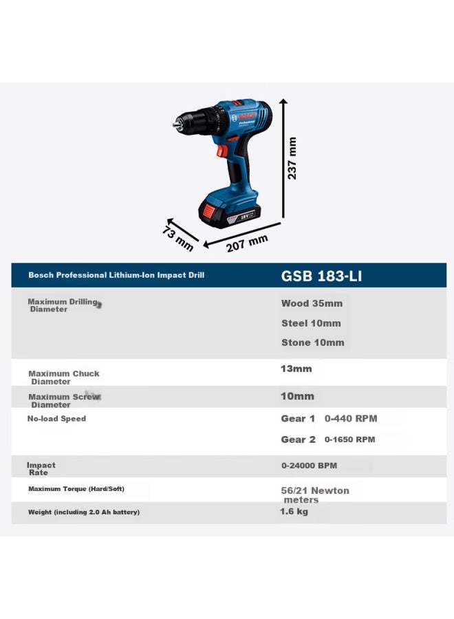 Bosch Gsb 183 18v Lithium-ion Cordless Impact Drill Electric Screwdriver Power Tool Dual Battery 2.0ah - Image 1