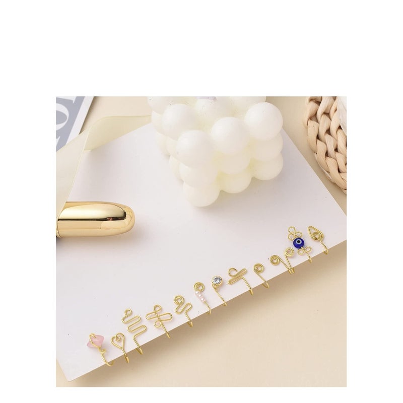 SOLARAE 12 Pcs African Nose Cuff Non Piercing, Clip On Nose Ring for Women, 14k Gold Plating Nose Ring Cuffs Set, Evil Eye, Crystal, Pearl Nose Cuffs, Fake Nose Cuff for Women and Girls - Image 5