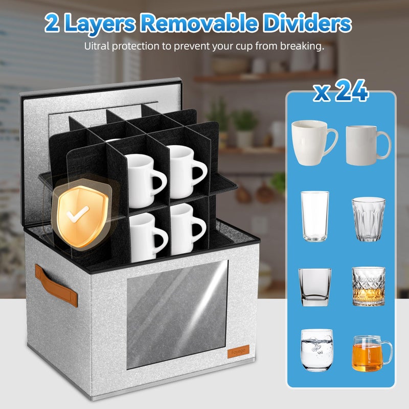 Foyego 2-Layer Coffee Mug Storage Box with Dividers, Cup Storage Organizer with Zipper Lid and Handles, Stackable China Storage Containers Service for 24 Mugs, Cups and Glasses, Light Grey - Image 5