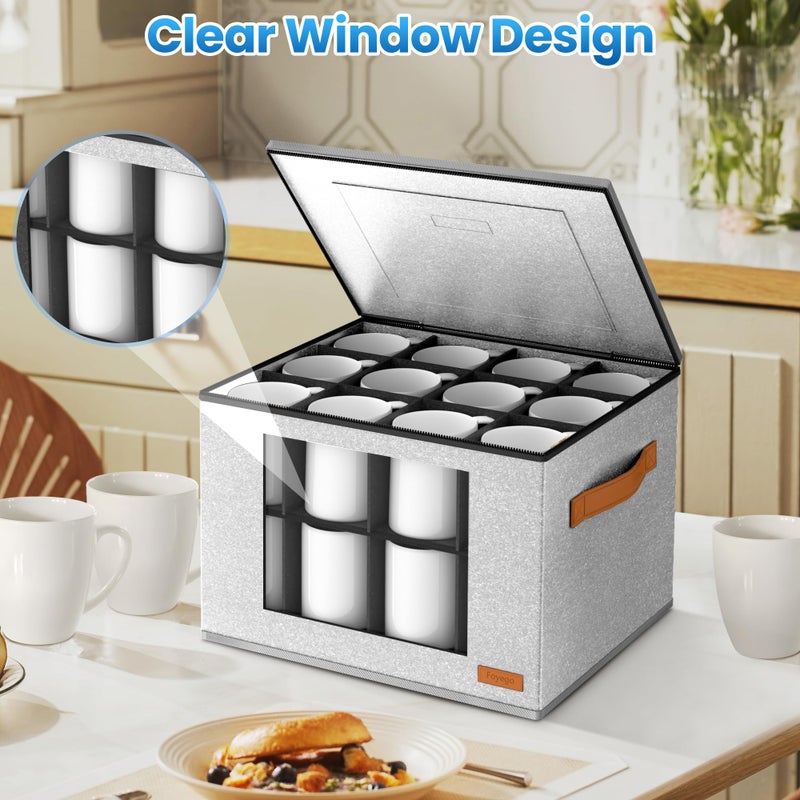 Foyego 2-Layer Coffee Mug Storage Box with Dividers, Cup Storage Organizer with Zipper Lid and Handles, Stackable China Storage Containers Service for 24 Mugs, Cups and Glasses, Light Grey - Image 4