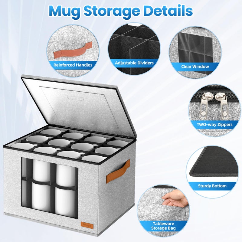 Foyego 2-Layer Coffee Mug Storage Box with Dividers, Cup Storage Organizer with Zipper Lid and Handles, Stackable China Storage Containers Service for 24 Mugs, Cups and Glasses, Light Grey - Image 3