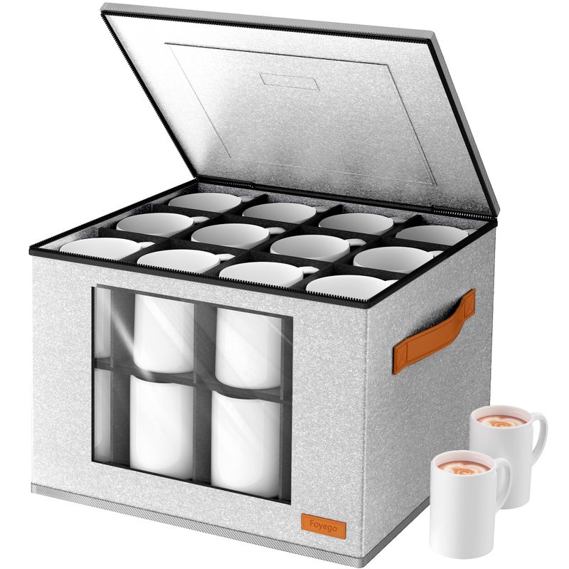 Foyego 2-Layer Coffee Mug Storage Box with Dividers, Cup Storage Organizer with Zipper Lid and Handles, Stackable China Storage Containers Service for 24 Mugs, Cups and Glasses, Light Grey - Image 1