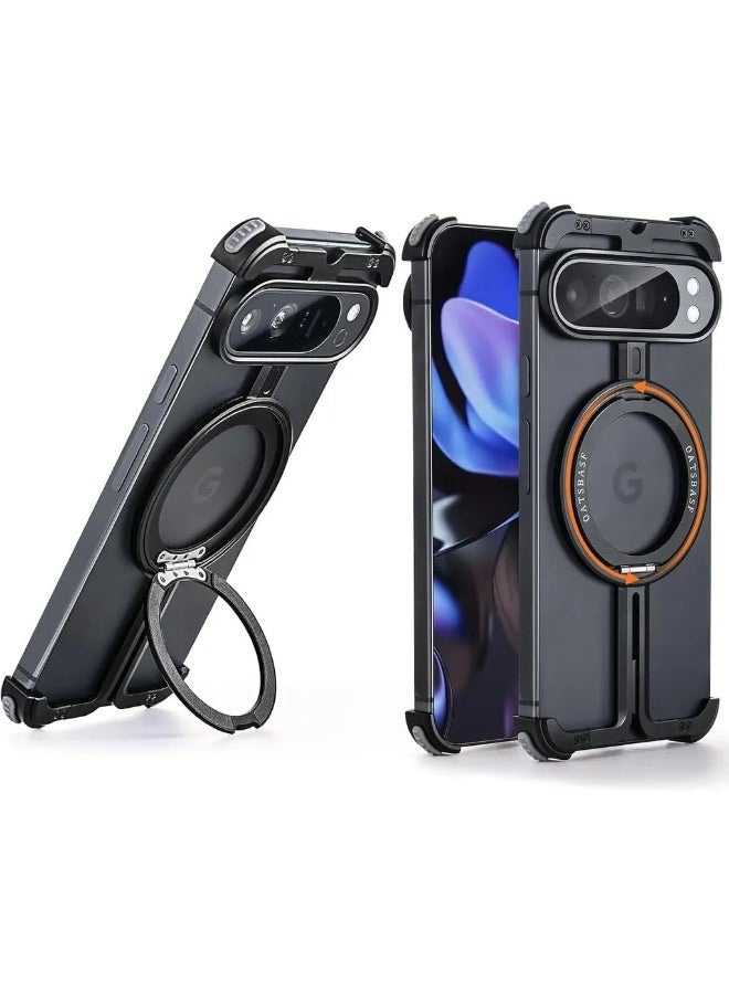 عام غطاء متوافق مع جوجل بكسل 9 برو XL - مع حامل دوار 360° مغناطيسي، حافظة هاتف مينيمالية، إطار معدني بدون حواف - Image 2