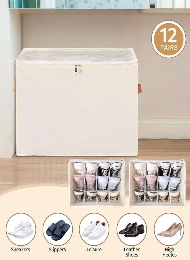 2 Pack Foldable Shoe Organizer for Closet,Fits 12-24 Pairs,Dividers & Clear Cover,Space-Saving Shoe Storage Bins,12 Cell Closet Organizer for Shoe,Clothing,Yoga Pants,T-shirts, and More (Beige) - Image 4