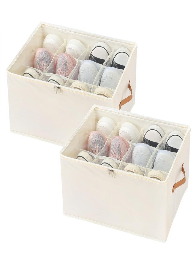 2 Pack Foldable Shoe Organizer for Closet,Fits 12-24 Pairs,Dividers & Clear Cover,Space-Saving Shoe Storage Bins,12 Cell Closet Organizer for Shoe,Clothing,Yoga Pants,T-shirts, and More (Beige) - Image 1