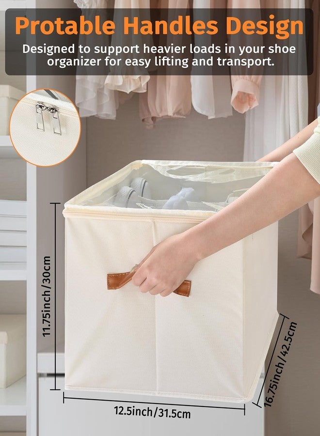 2 Pack Foldable Shoe Organizer for Closet,Fits 12-24 Pairs,Dividers & Clear Cover,Space-Saving Shoe Storage Bins,12 Cell Closet Organizer for Shoe,Clothing,Yoga Pants,T-shirts, and More (Beige) - Image 2