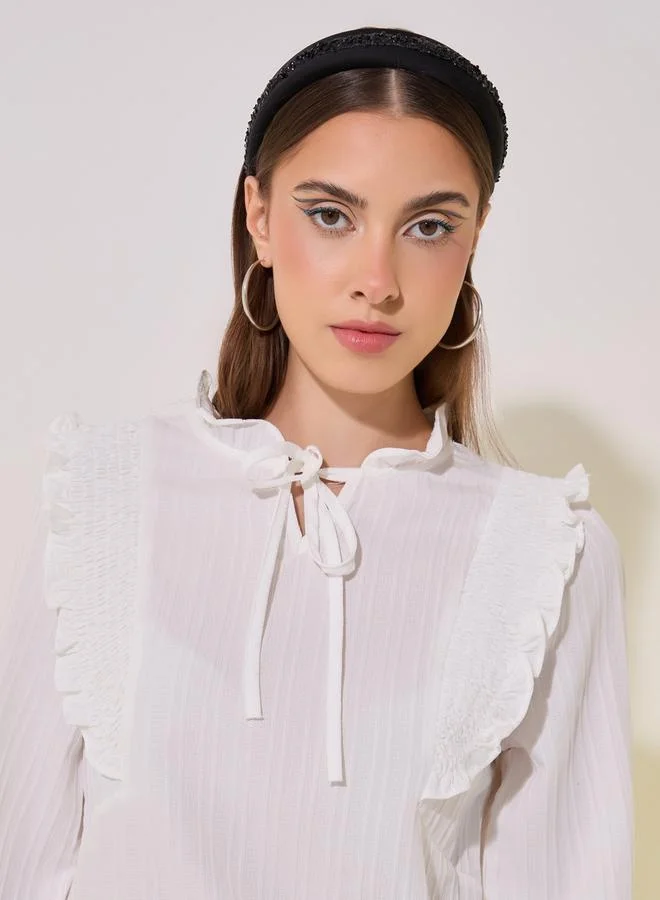 Take Two Texture Ruffled Detail Tie-Up Neck Top