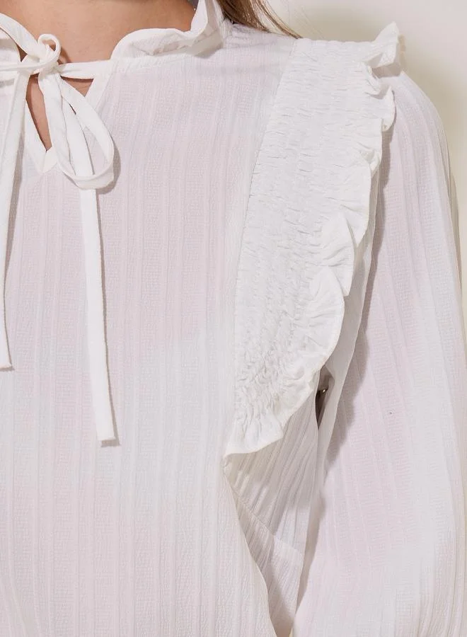 Take Two Texture Ruffled Detail Tie-Up Neck Top