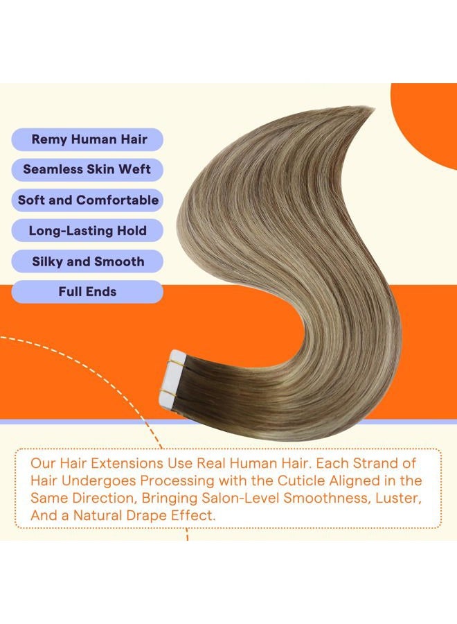 Fshine Tape in Hair Extensions Human Hair 22 Inch Adhesive Hair Extensions Dark Roots Balayage Color 3 8 22 Blonde Double Sided Tape Hair, Tape on Human Hair Extensions 50 Gram 20 Pieces - Image 2