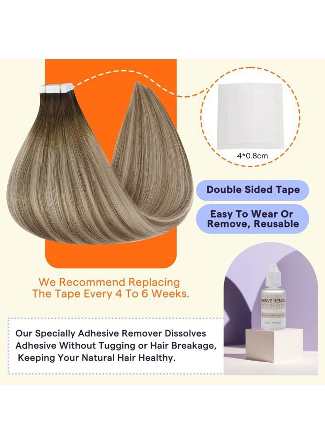 Fshine Tape in Hair Extensions Human Hair 22 Inch Adhesive Hair Extensions Dark Roots Balayage Color 3 8 22 Blonde Double Sided Tape Hair, Tape on Human Hair Extensions 50 Gram 20 Pieces - Image 4