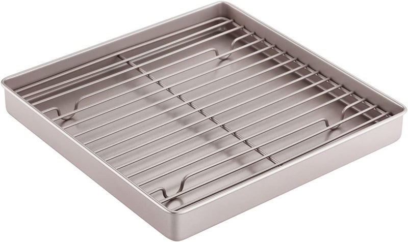 chefmade Roasting Pan with Rack, 11-Inch Non-Stick Square Shallow Dish Sheet Pan with Wire Rack for Oven Baking, BBQ and Roasting 11.2" x 11.2" x 1.4" (Champagne Gold) - Image 1