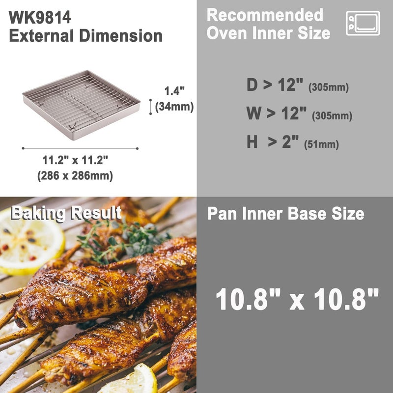 chefmade Roasting Pan with Rack, 11-Inch Non-Stick Square Shallow Dish Sheet Pan with Wire Rack for Oven Baking, BBQ and Roasting 11.2" x 11.2" x 1.4" (Champagne Gold) - Image 2