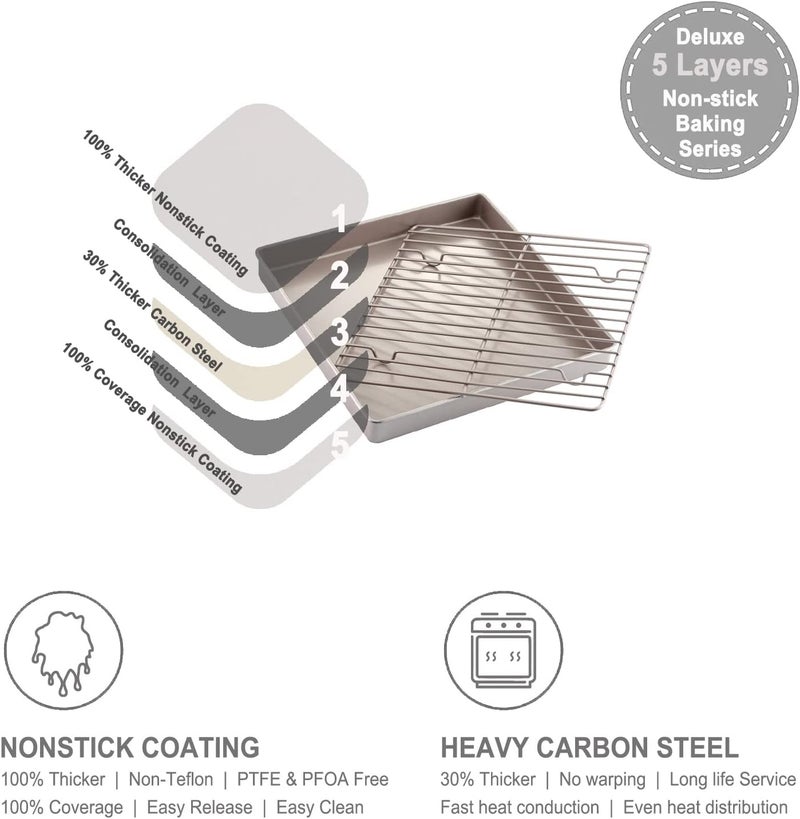 chefmade Roasting Pan with Rack, 11-Inch Non-Stick Square Shallow Dish Sheet Pan with Wire Rack for Oven Baking, BBQ and Roasting 11.2" x 11.2" x 1.4" (Champagne Gold) - Image 4