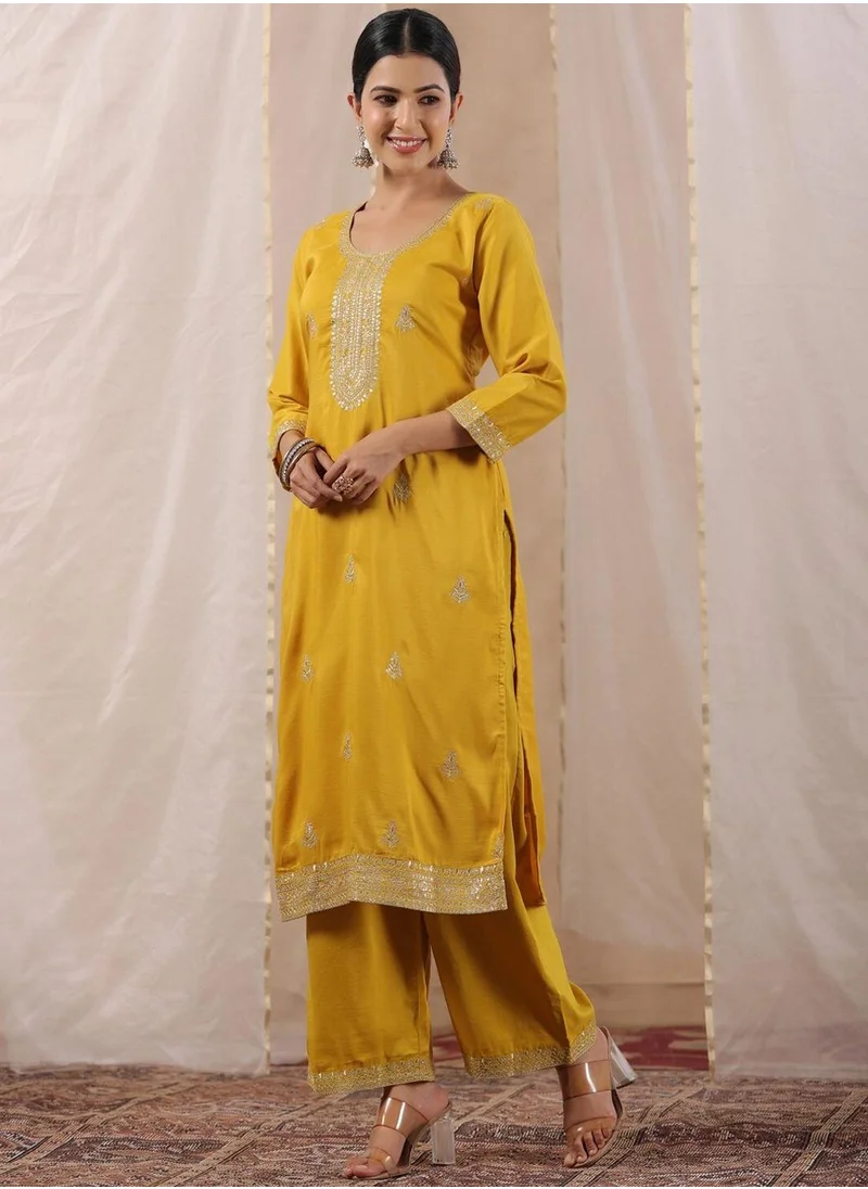 آي شين Mustard Kurta Straight Fit 3/4 Sleeve Sleeve made from Poly Silk featuring Self Design design and Round Neck neckline - Perfect for Ethinic!