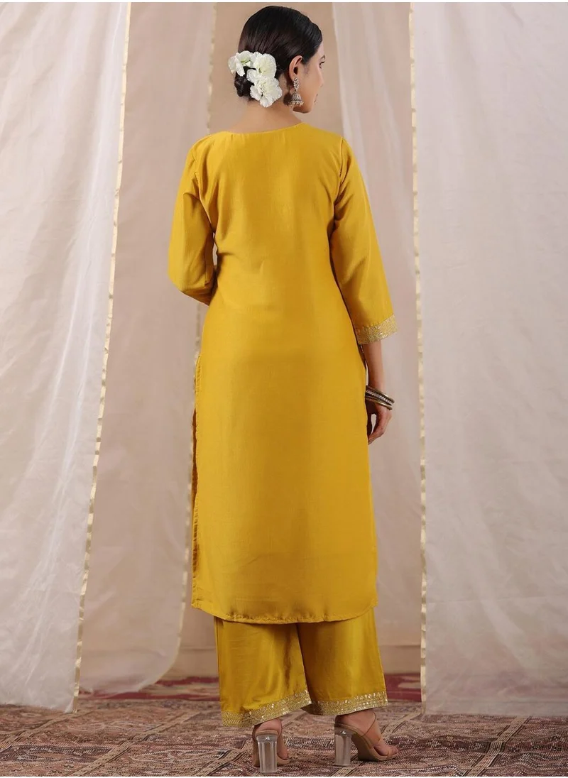 آي شين Mustard Kurta Straight Fit 3/4 Sleeve Sleeve made from Poly Silk featuring Self Design design and Round Neck neckline - Perfect for Ethinic!