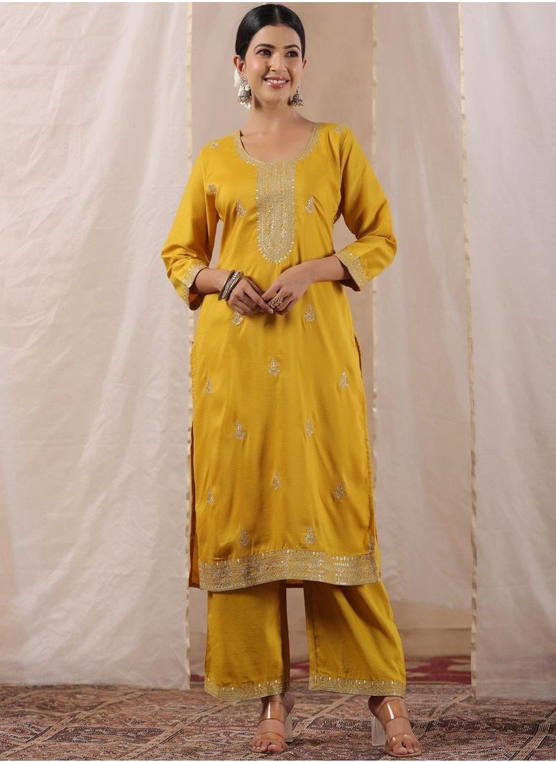 ISHIN Mustard Kurta Straight Fit Three-Fourth Sleeve Made From Poly Silk Featuring Self Design And Round Neck  - Image 1