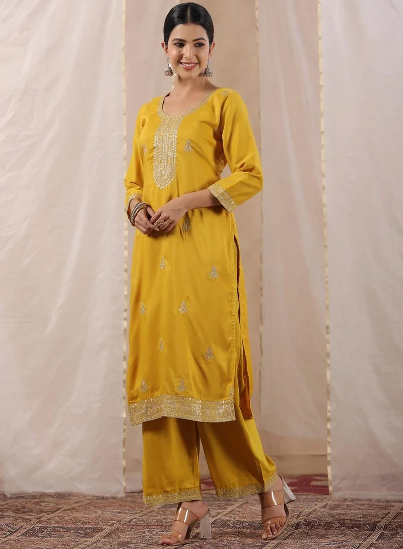 ISHIN Mustard Kurta Straight Fit Three-Fourth Sleeve Made From Poly Silk Featuring Self Design And Round Neck