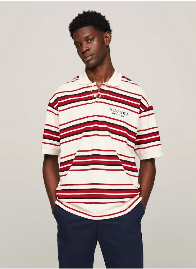 TOMMY HILFIGER Men's Hilfiger Monotype Stripe Honeycomb Regular Polo -  Circulose® blend, Beige