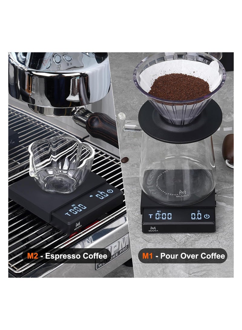 MUVNA 0.1g High Precision Digital Mini Coffee Scale, 0.3g to 2kg Measuring Range Rechargeable Espresso Mini Scale with Tare Function, LED Display (Black, ABS)